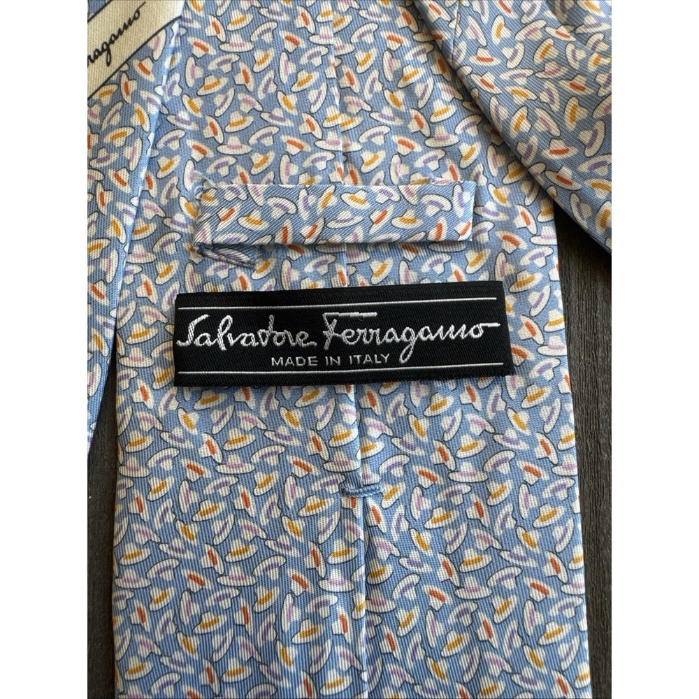 Salvatore Ferragamo Light Blue Silk Necktie Italy Micro Print Luxury Mens - Picture 7 of 10